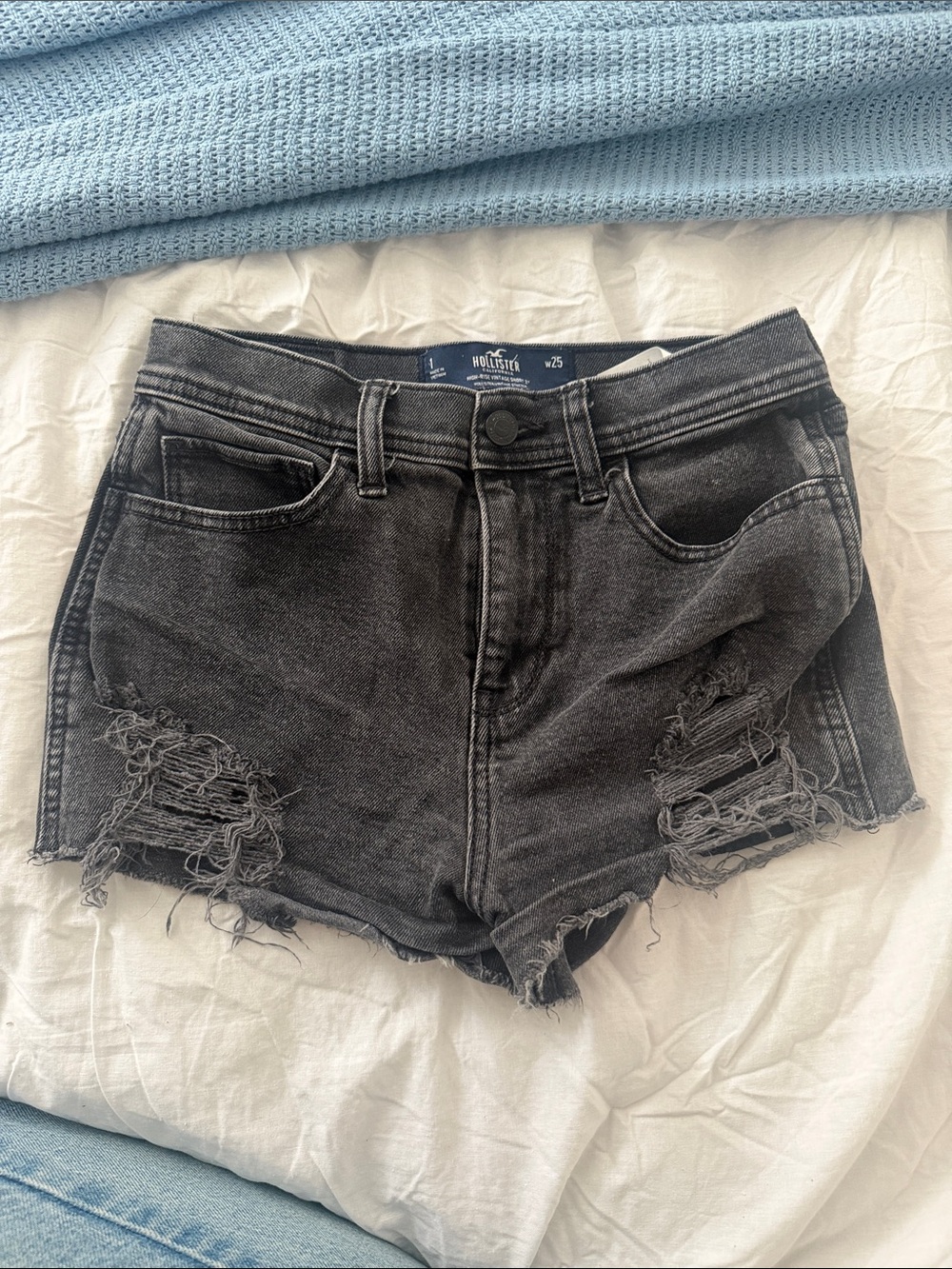 Hollister Women's Washed Black Distressed Denim Shorts